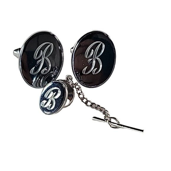 Silver Tone Monogram Script Letter B  CuffLinks Tie Pin Chain Whale Back - Picture 1 of 6